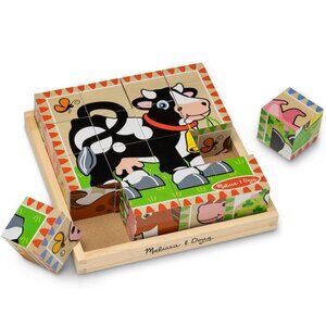 3/$77❤️Melissa & Doug Animal Farm Wooden Cube Puzzle with Storage Tray 6-in-1